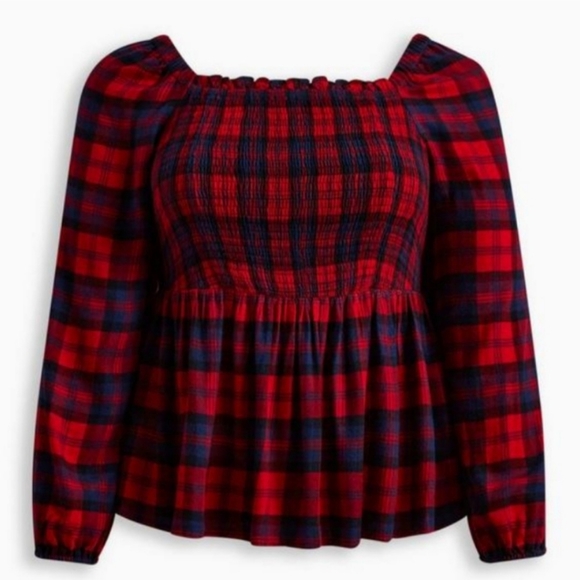Torrid Brushed Red Plaid Smocked Top, Babydoll cut, Puff sleeves, NWT size 2X - Picture 5 of 13